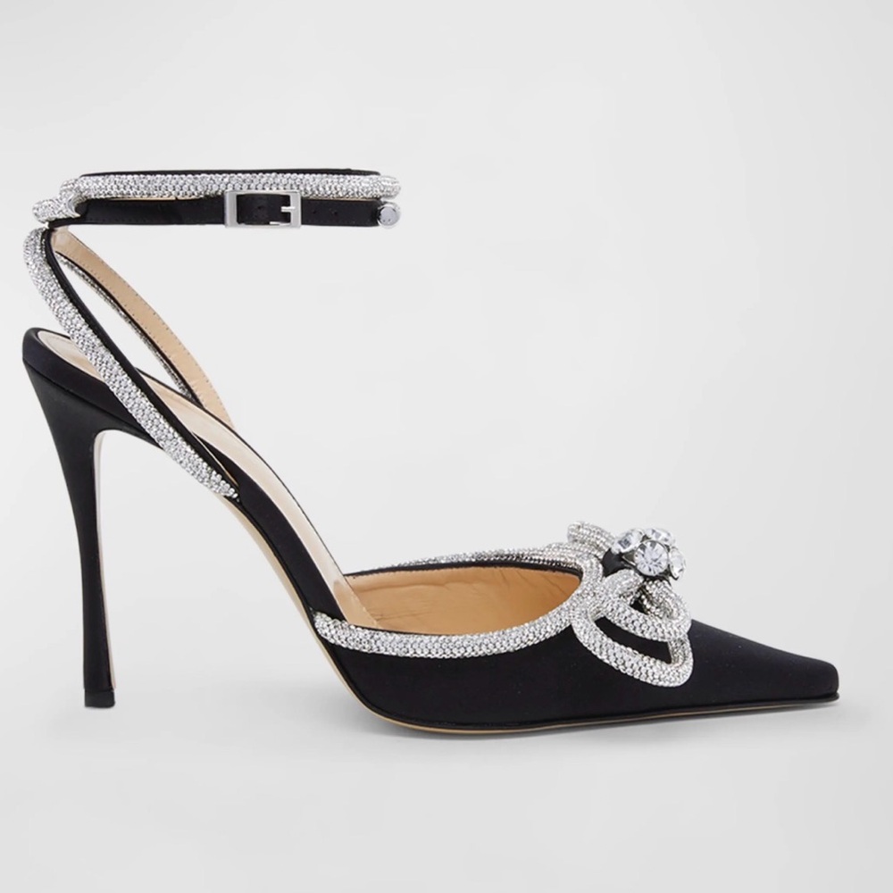 MACH & MACH Black Satin Pointed-Toe Crystal Embellished Stiletto Heels